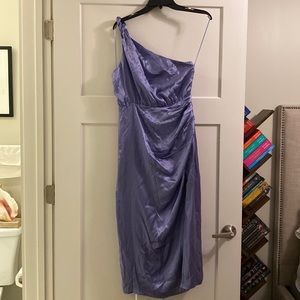 TAGS ON. ANTHROPOLOGIE ONE SHOULDER SILK MIDI DRESS - SIZE 6, LILAC/PERIWINKLE